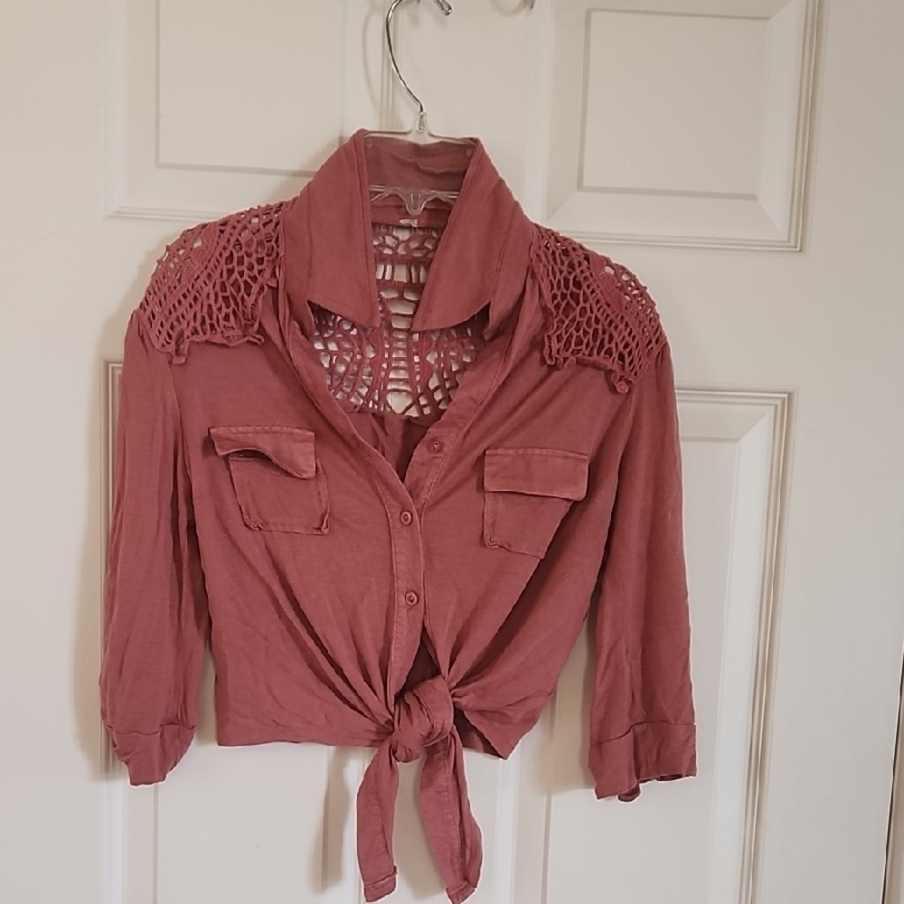 Women's Pink Tie-Front Top with Crochet Detail
